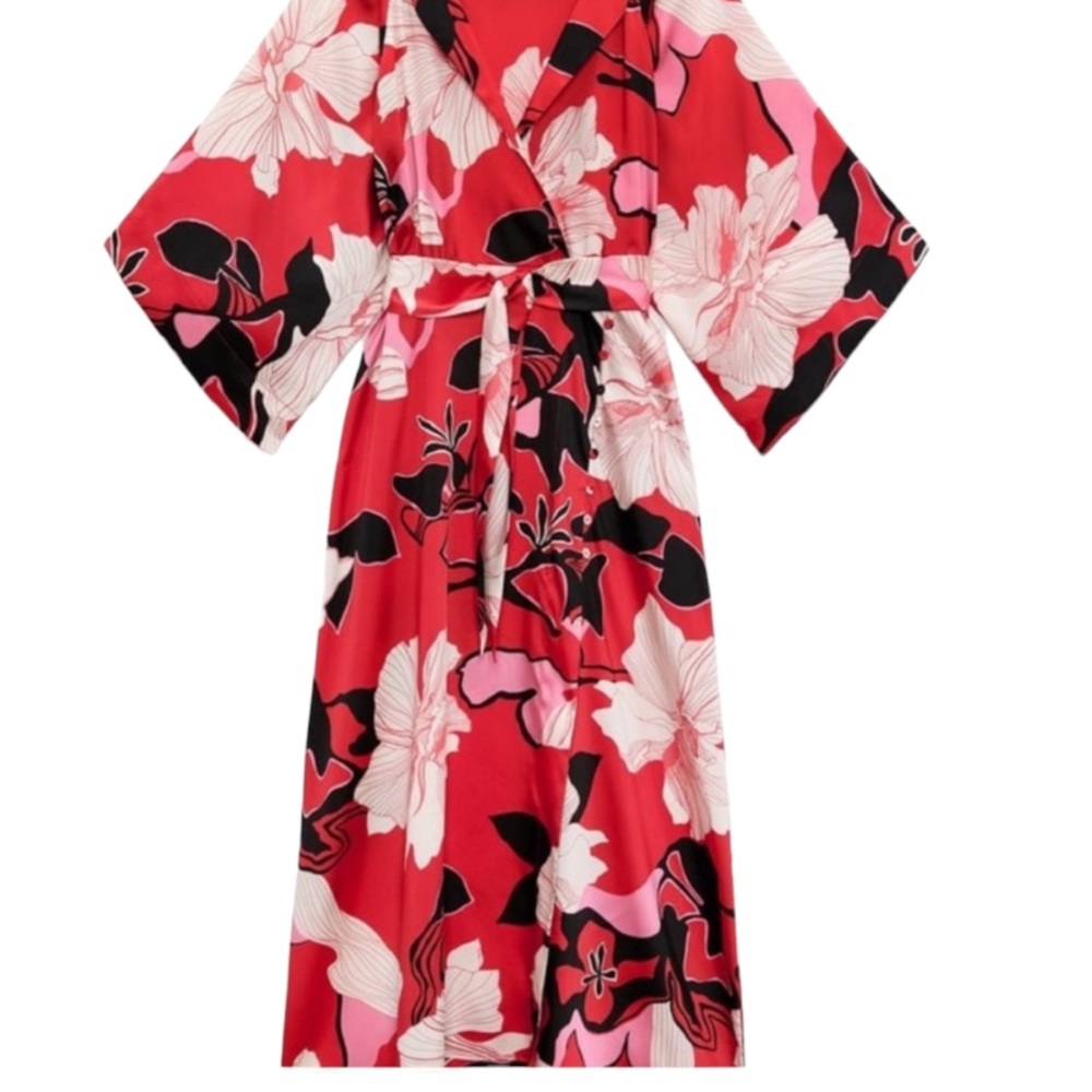 NWT Zara Kimono Sleeve Floral Midi Wrap Dress Size M Red Bloggers Fave Belted